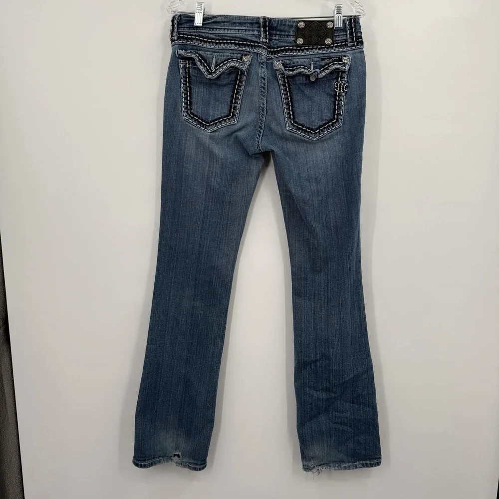 Miss Me Jeans Womens 31 Blue Bootcut Embroidered Distressed Stretch Mid‎ Rise